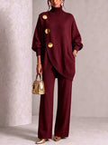 Elegant Burgundy Knit Asymmetrical Button Set