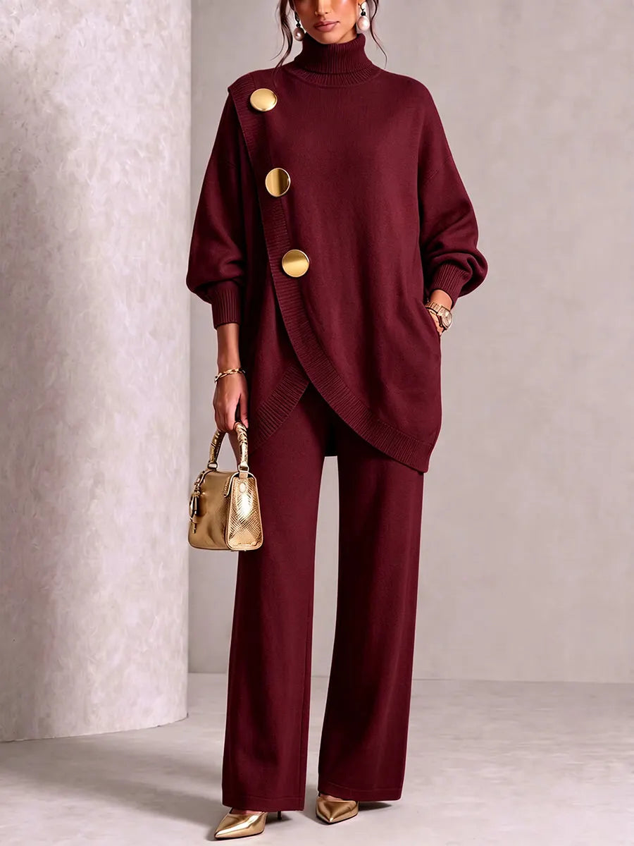 Elegant Burgundy Knit Asymmetrical Button Set