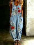 Floral Embroidered Denim Overalls