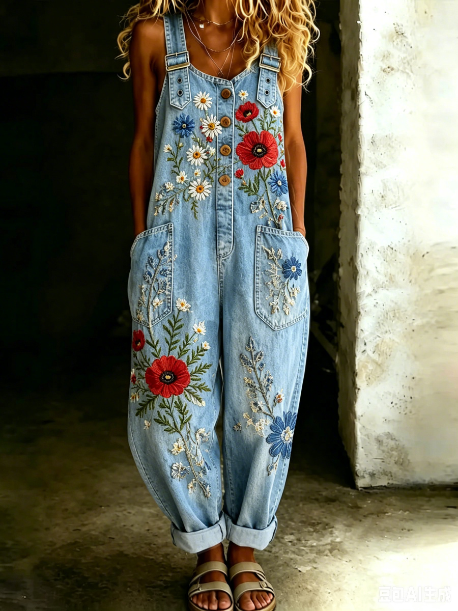 Floral Embroidered Denim Overalls