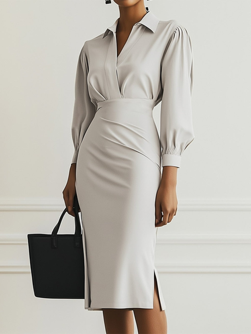 Women Light Gray Ruched Shirt Collar Long Sleeve Dressy Top With Skirt Two-Piece Set