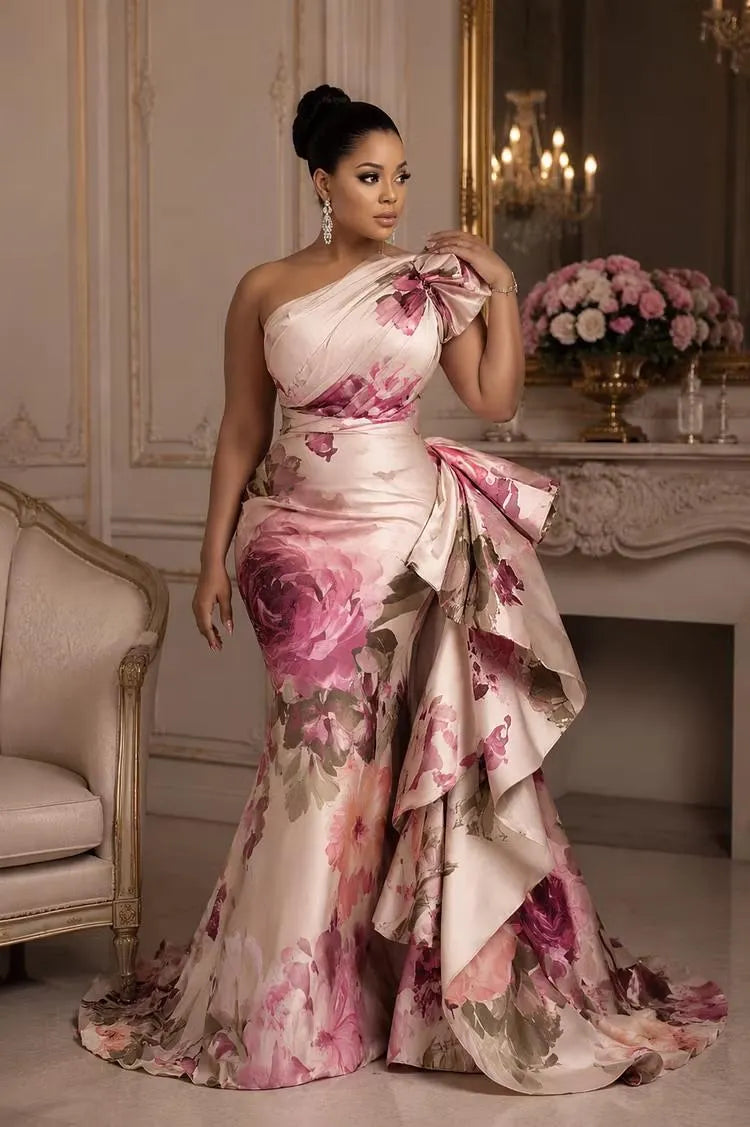 One Shoulder Floral Satin Mermaid Evening Gown