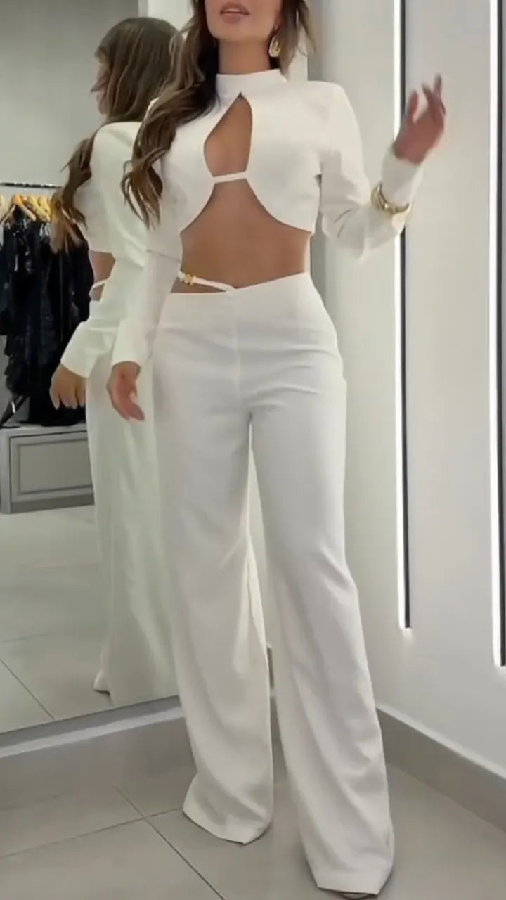 Cutout Long Sleeve Top & Wide Leg Pants Set