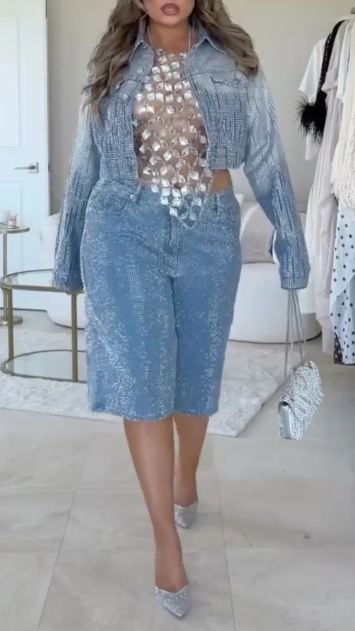 Rhinestone Denim Cropped Jacket & Jort Short Set