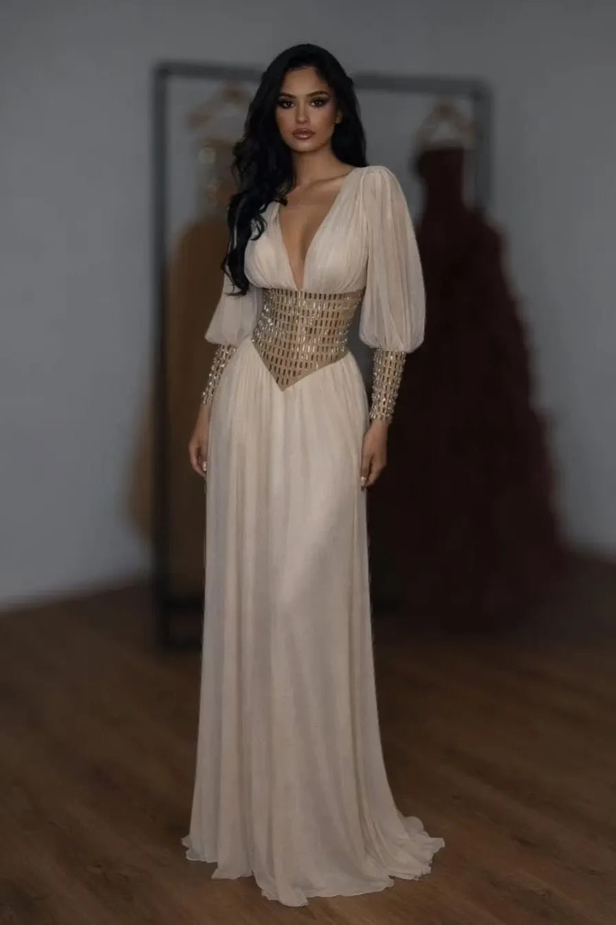 Cocoslly V-Neck Long Sleeves High Waist Long Prom Dress With Rhinstone | White Chiffon LR0373