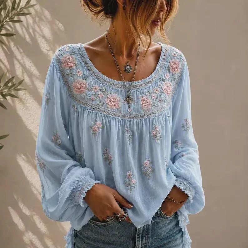 Boho Pink Rose Embroidered Long Sleeve Top