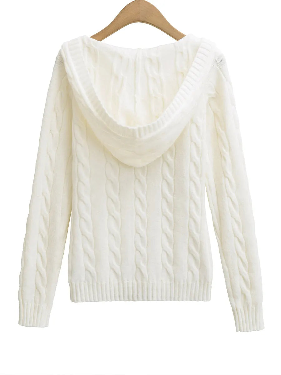 Casual Cable-knit V-neck Sweater With Hood