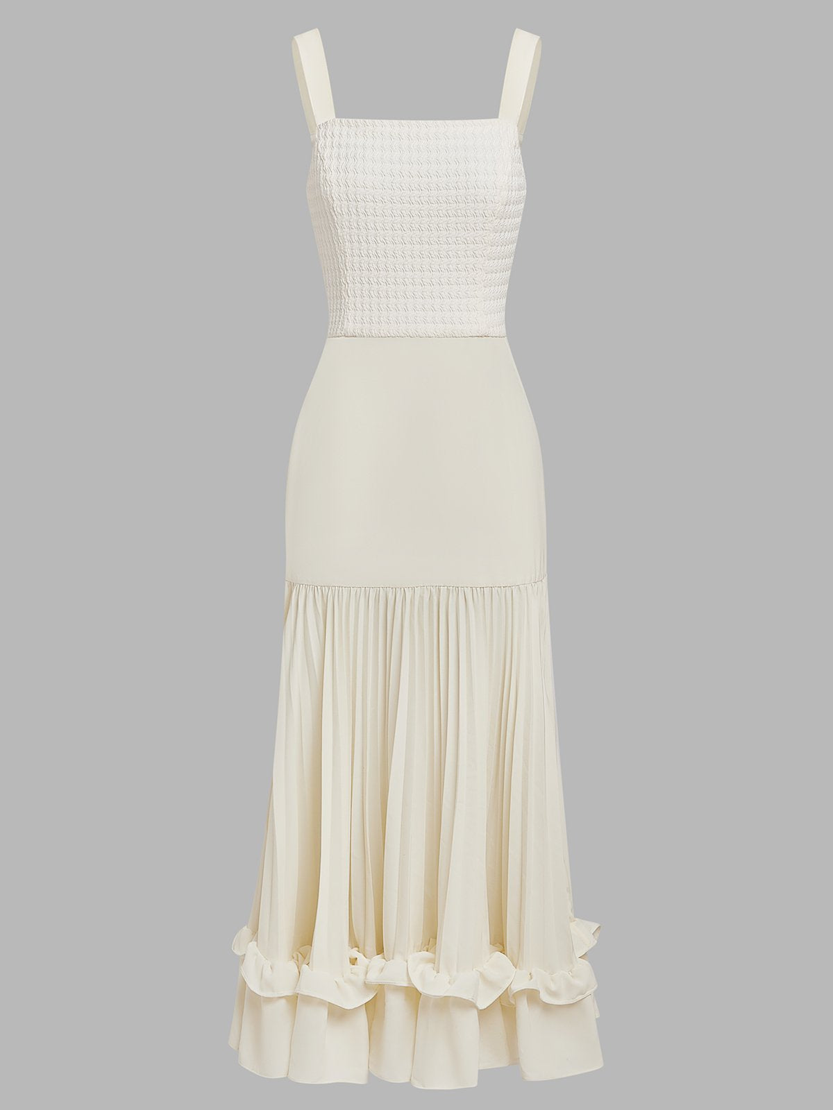 Off White Ruched Split Joint Knit Spaghetti Sleeveless Sheath Maxi Dress