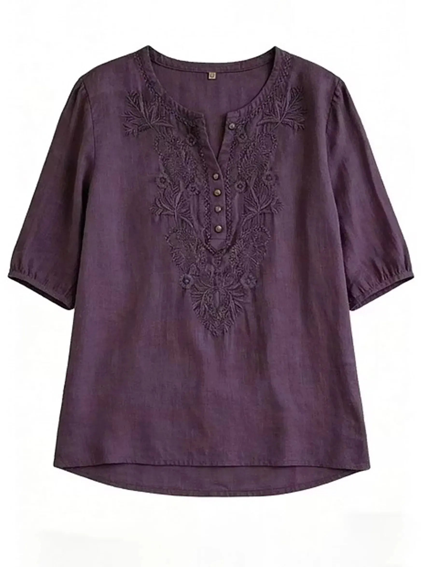 Women's Loose-fit Cotton-linen Embroidered Short-sleeve Round-neck Top