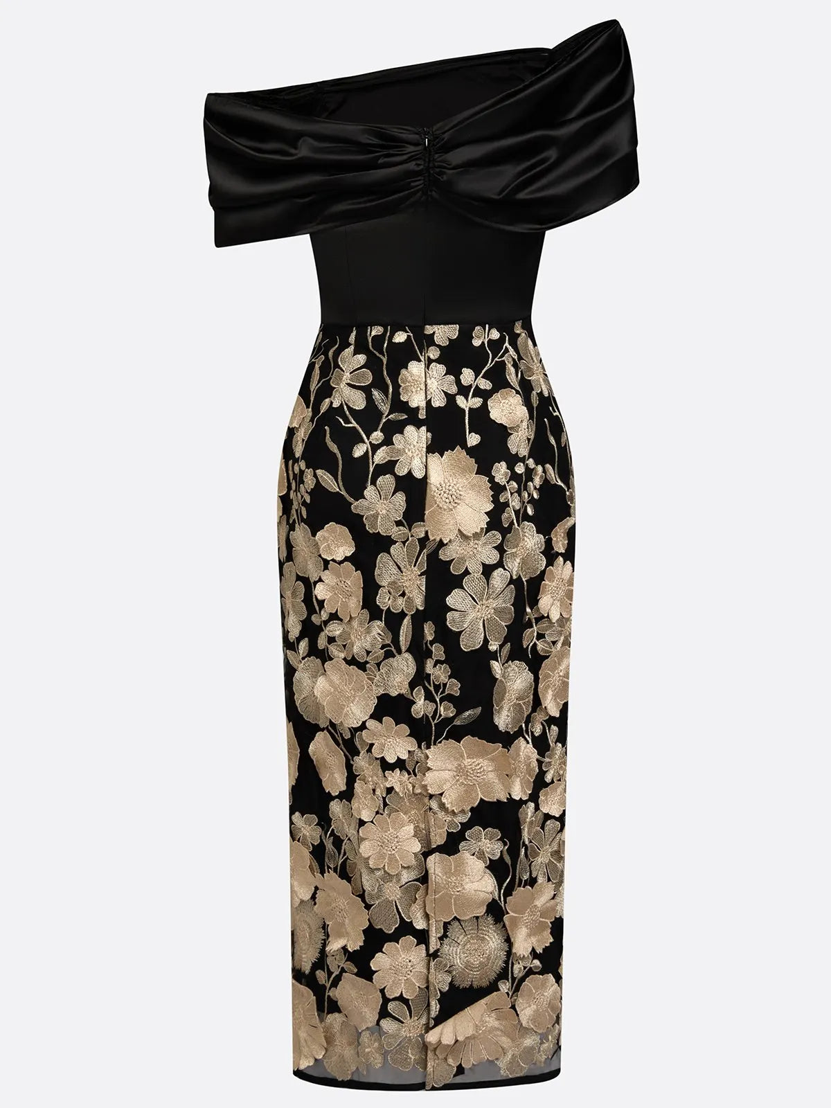 Black 3D Floral Applique Classic Off The Shoulder Short Sleeve Sheath Midi Dress