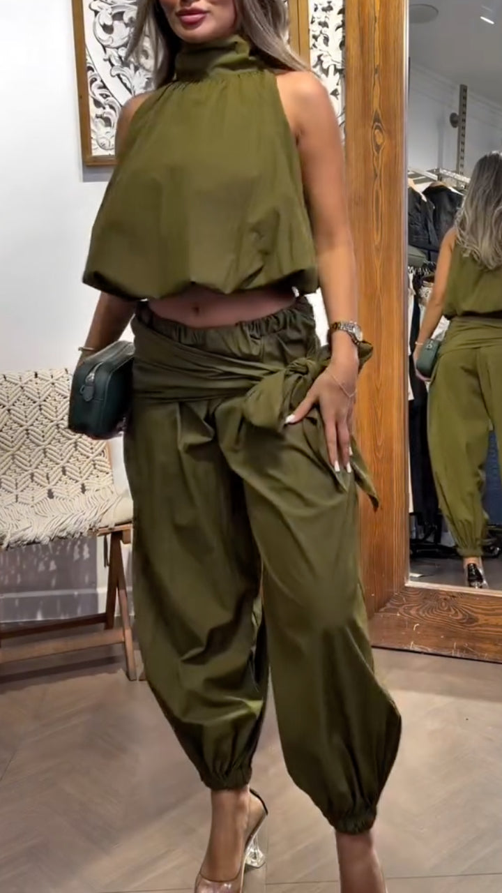 Halter Crop Top & Wrap Tie Harem Pants Two‑Piece Set