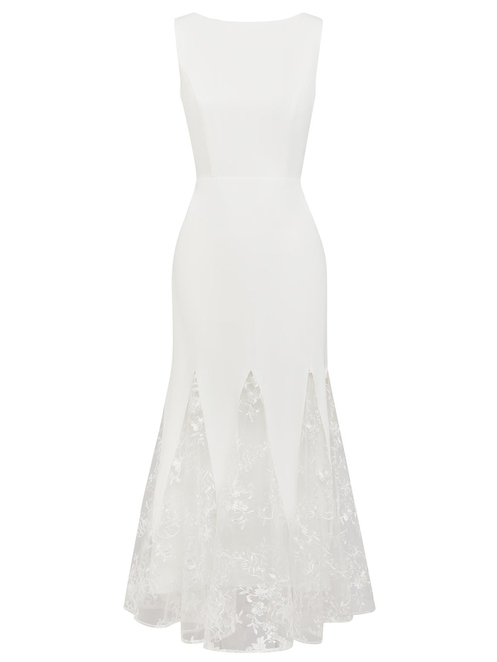 White Lace Boat Neck Sleeveless Mermaid Maxi Dress