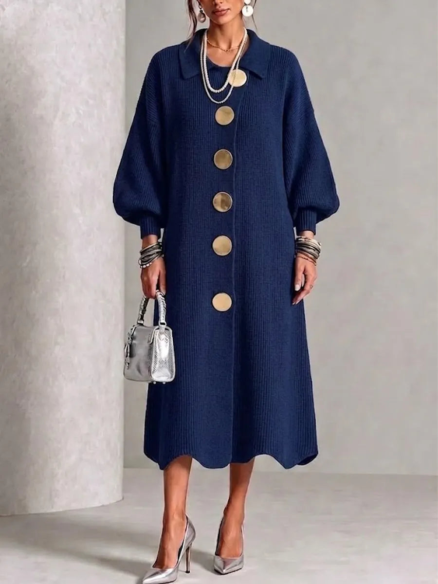 Long-sleeve Knit Dress With A Large Metal Buckle, Lapel Collar, And Lantern Sleeves