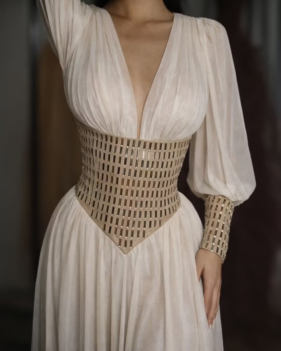 Cocoslly V-Neck Long Sleeves High Waist Long Prom Dress With Rhinstone | White Chiffon LR0373