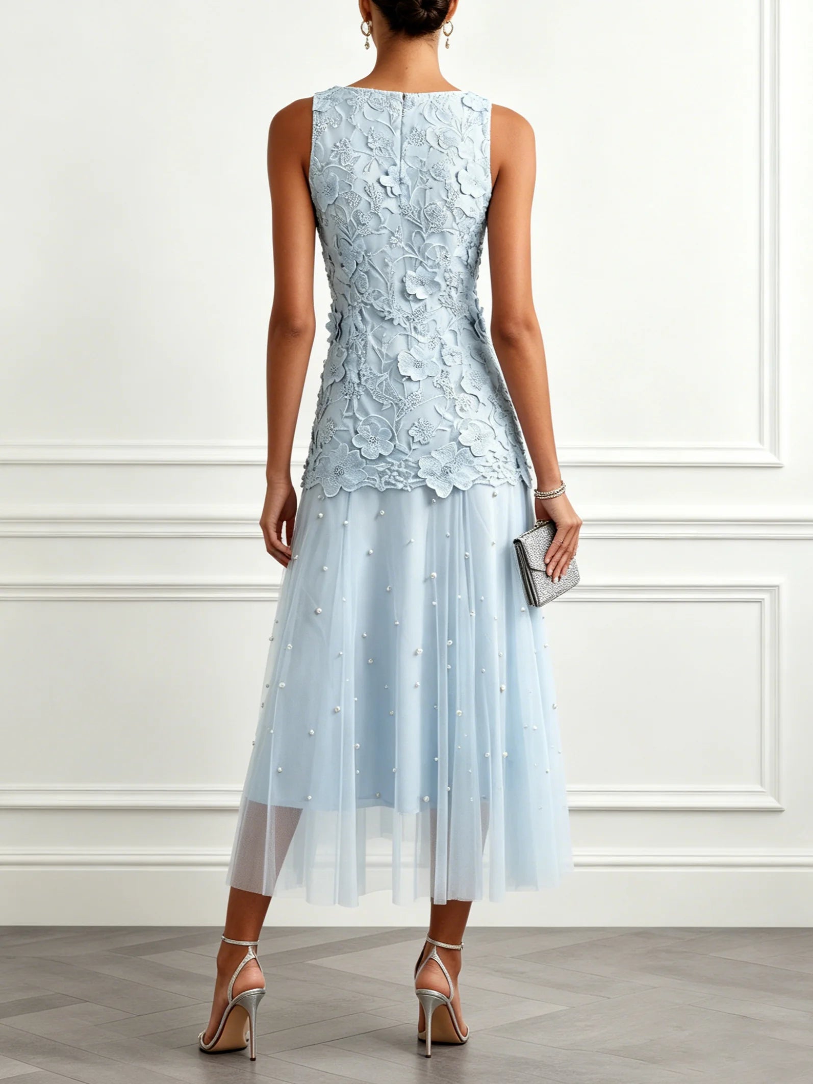 Light Blue Lace Lace Boat Neck Sleeveless A-Line Maxi Dress