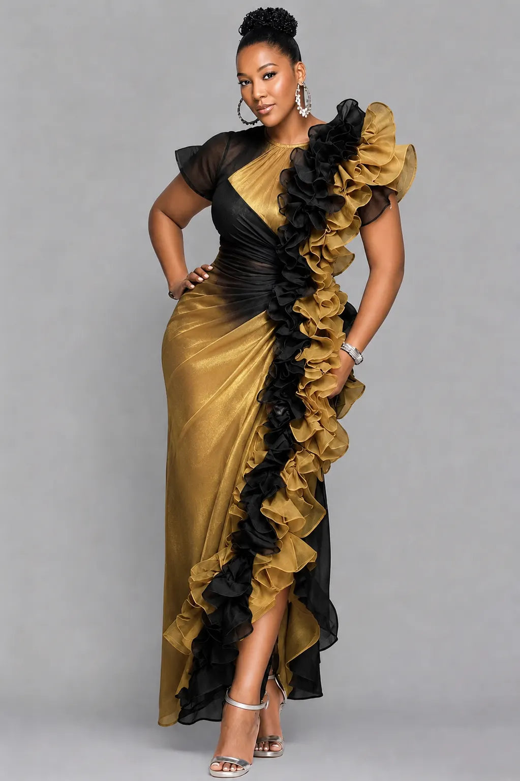 Black Gold Ruffled Maxi Dress