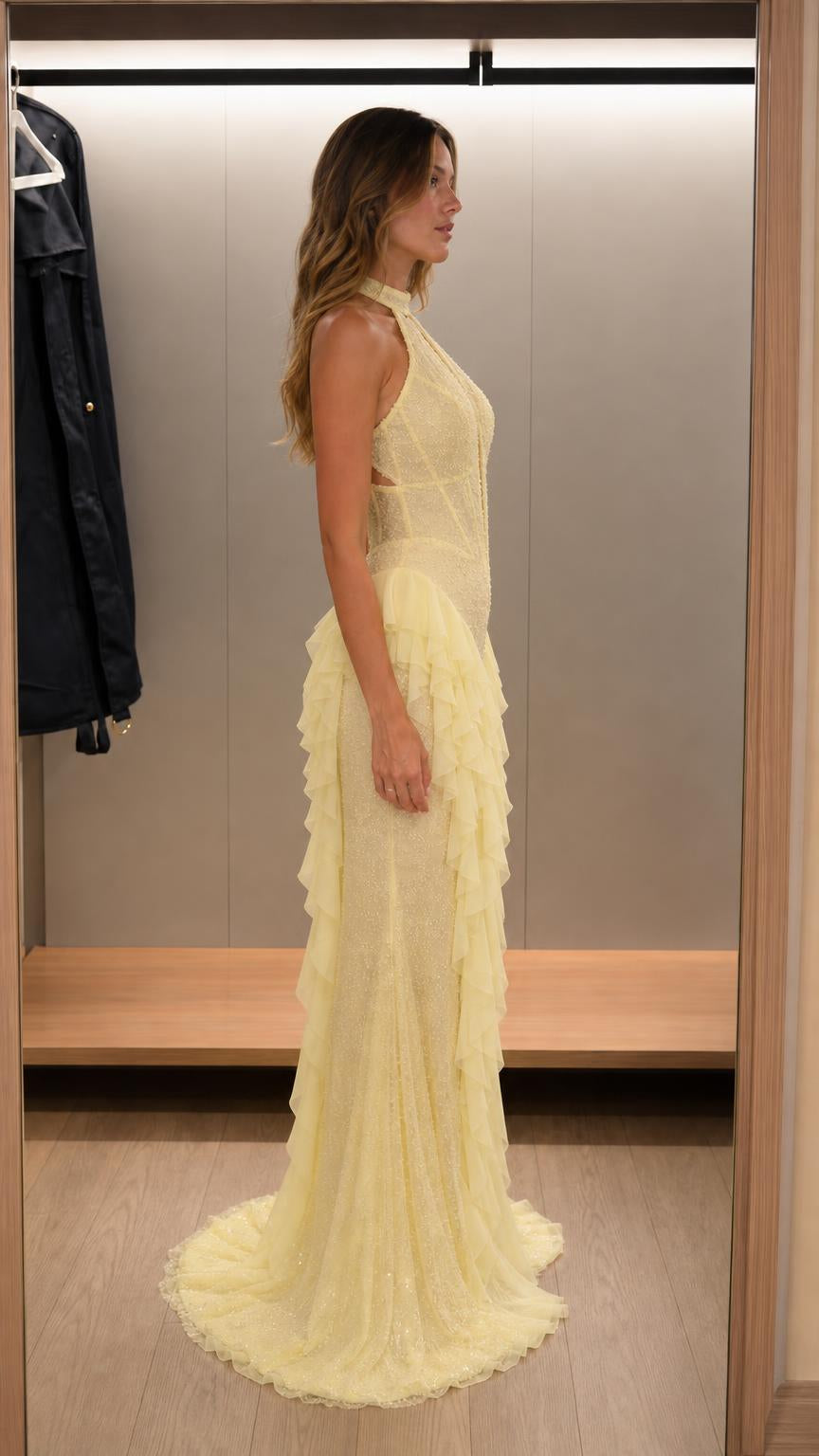 Elegance Halter Neck Beaded Ruffle Maxi Dress