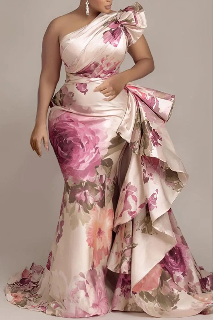 One Shoulder Floral Satin Mermaid Evening Gown