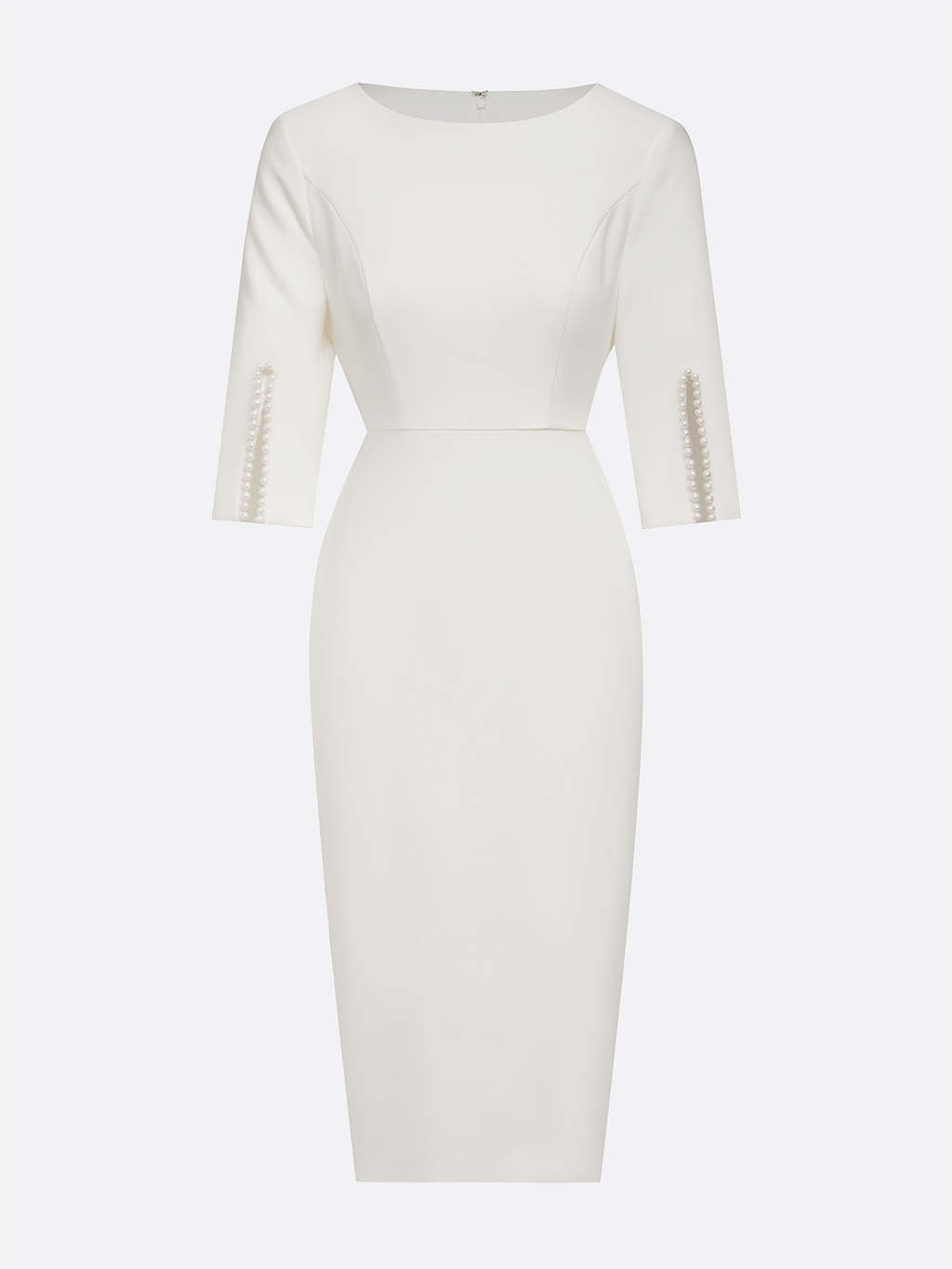 White Faux Pearl Classic Crew Neck Half Sleeve Sheath Midi Dress