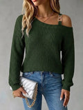Casual Off-shoulder Pullover Sweater With Metal Buckle And Lantern Sleeves