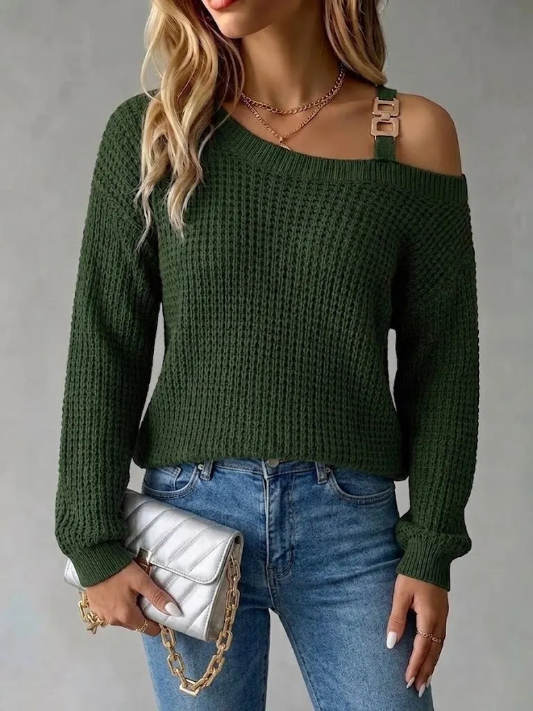 Casual Off-shoulder Pullover Sweater With Metal Buckle And Lantern Sleeves