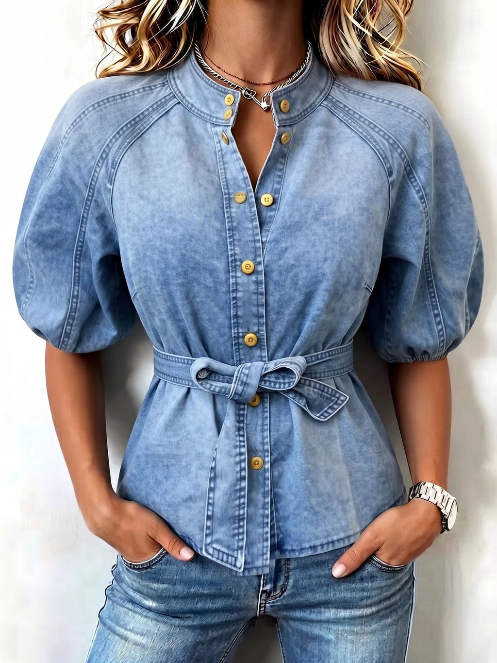 Chic Stand Collar Belted Puff Sleeve Casual Denim Shirt