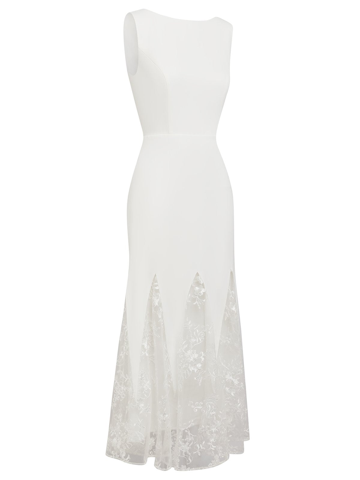 White Lace Boat Neck Sleeveless Mermaid Maxi Dress
