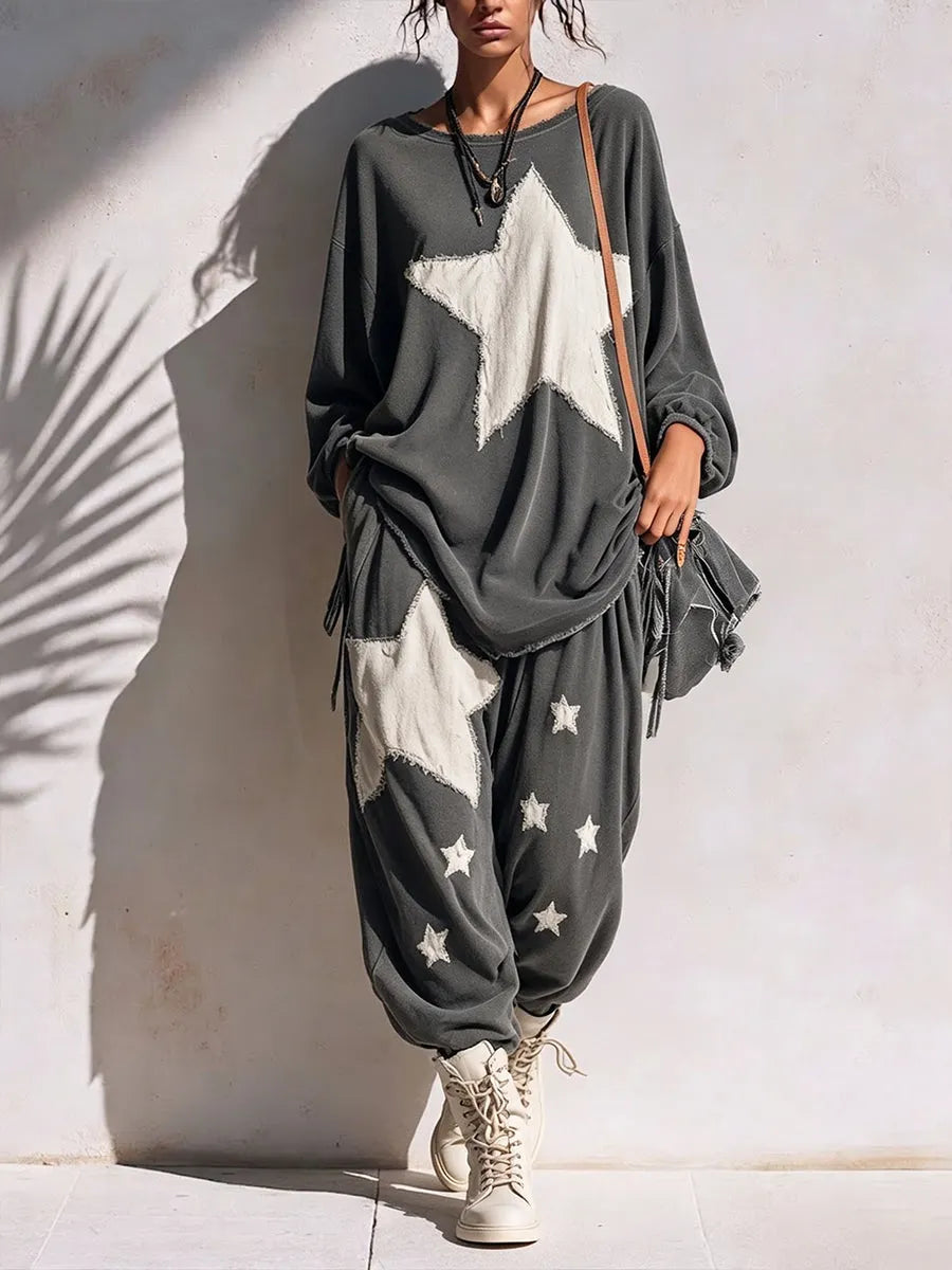 Relaxed-fit Casual Cotton Sweatshirt Set With "star Patchwork" And Raw-edge Detailing.