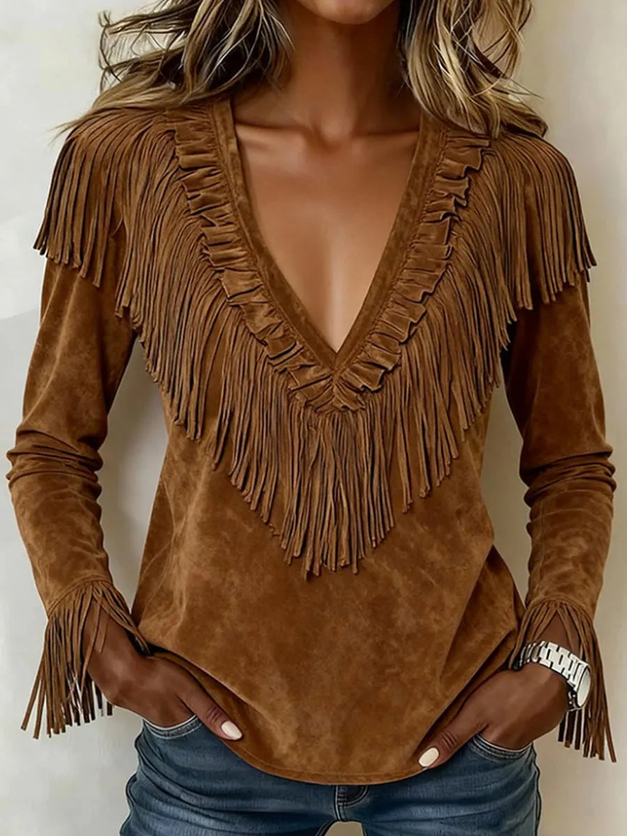 Women's Solid Color V-neck Long-sleeved Casual Loose Tassel Top