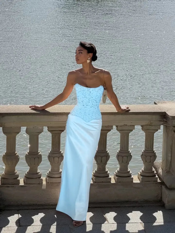 Cocoslly Strapless Sleeveless High Waist Long Prom Dress With Appliques | Pink Satin LX0113