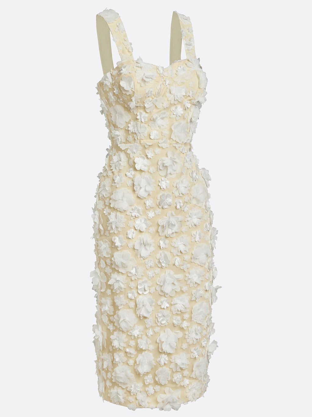 White 3D Floral Classic Square Neck Sleeveless Sheath Midi Dress