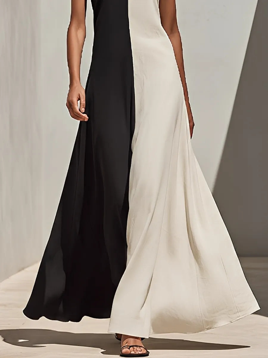Women's Black & Ivory Color-Block Linen-Blend Maxi Dress With High Neck Sleeveless Cut & Flowy A-Line Skirt, Minimalist Elegant Evening Dress MDZ1609F5LYL