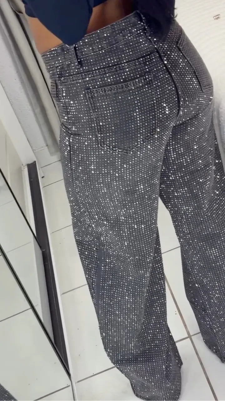 Over Rhinestone Wide Leg Cargo Denim Jeans