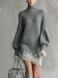 Chic And Refined Loose-fit Knit Mini Dress With A High Neck And Lace Trim.