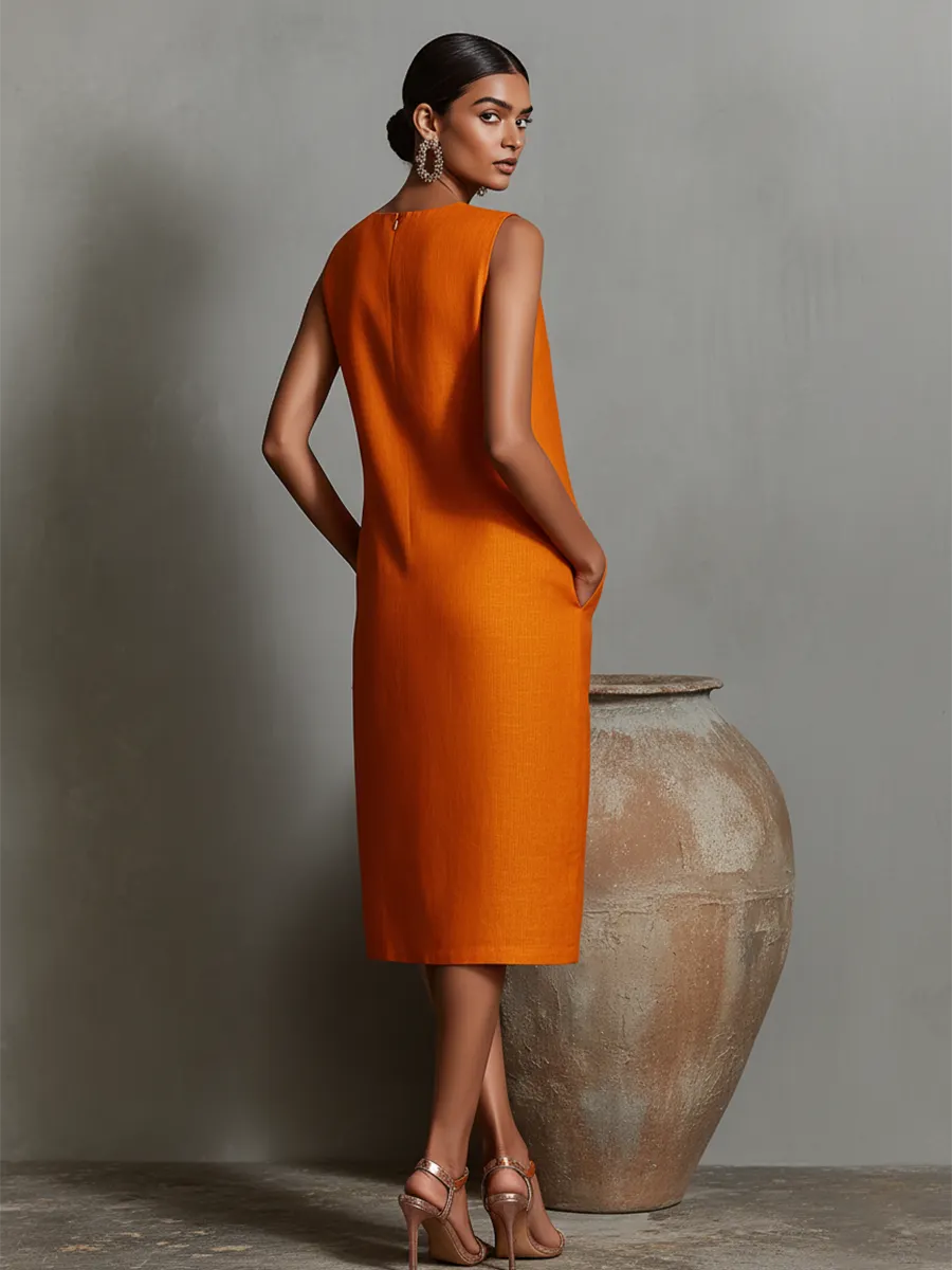 Women's Orange Linen Shift Dress With Sleeveless Round Neck & Side Pockets, Timeless Minimalist-Elegant Style Dress MDZ2851C7I