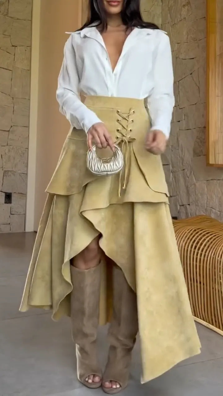 Collared Blouse & Lace-Up Asymmetric Skirt Set