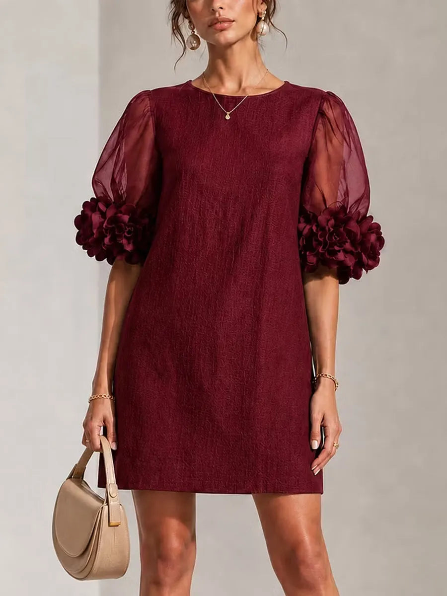 Elegant Burgundy 3D Rosette Organza Sleeve Mini Dress