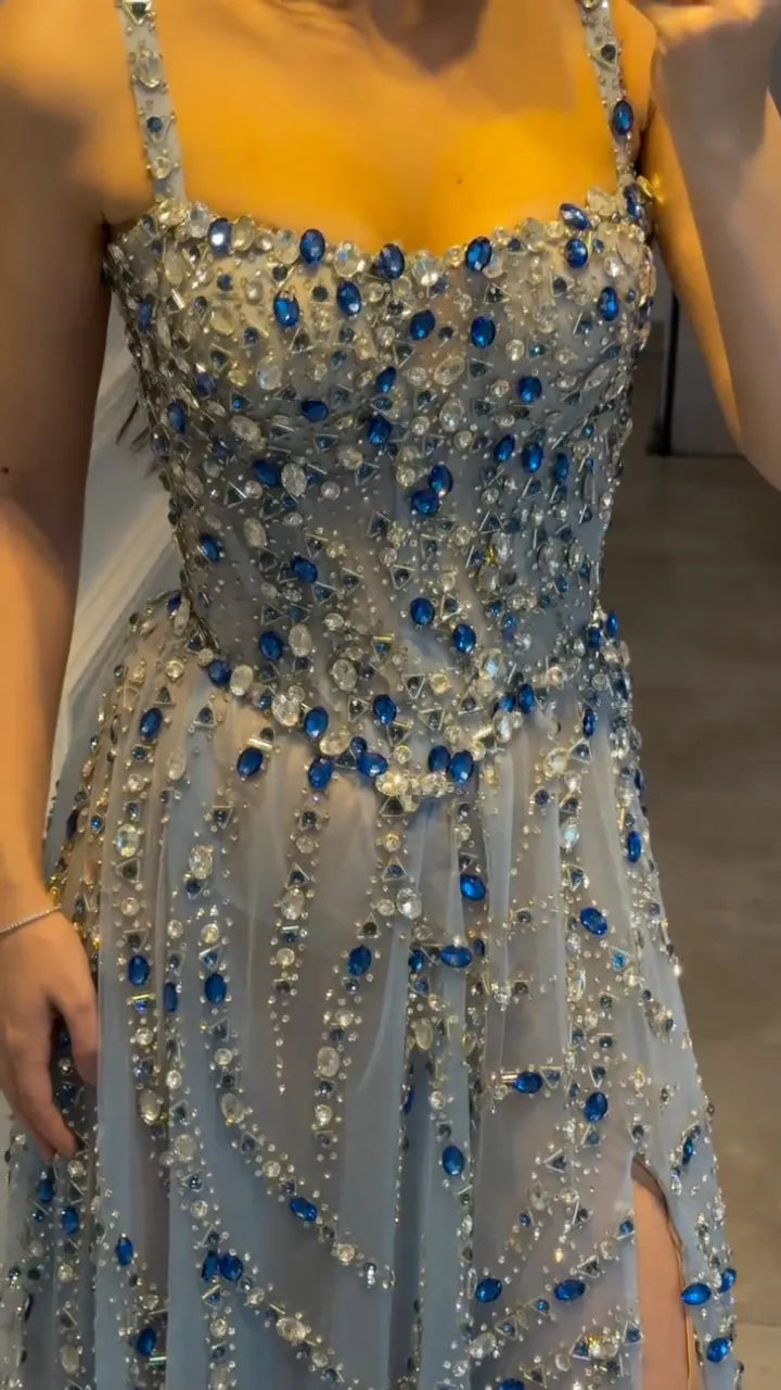 Rhinestone Beaded Slit Formal Maxi Dress