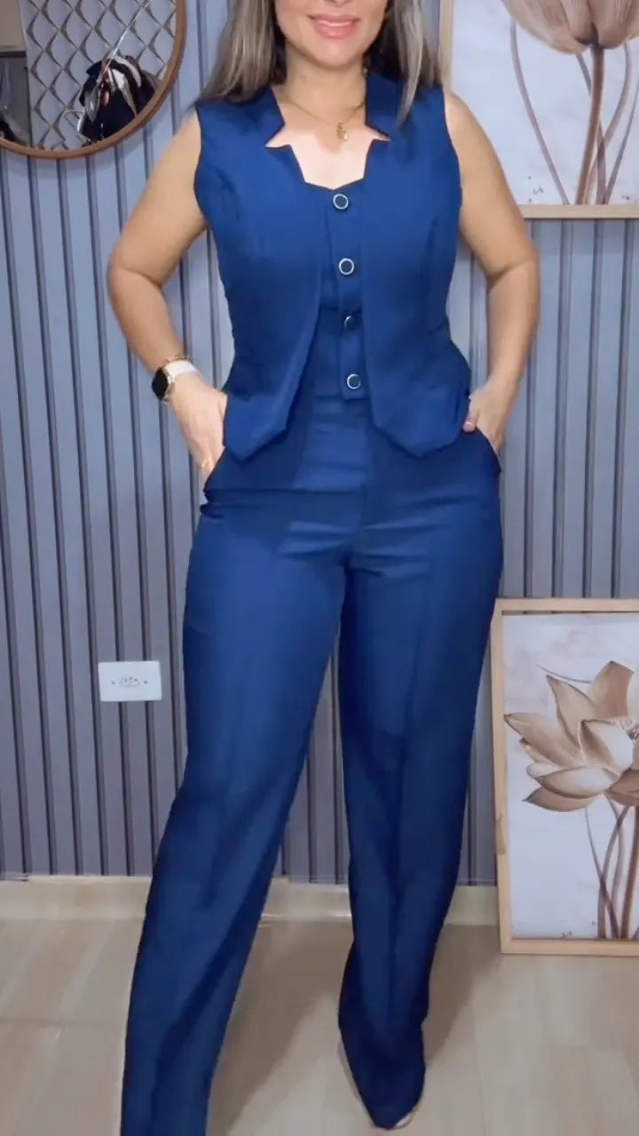 Sleeveless Vest & Wide Leg Pant Two‑Piece Suit