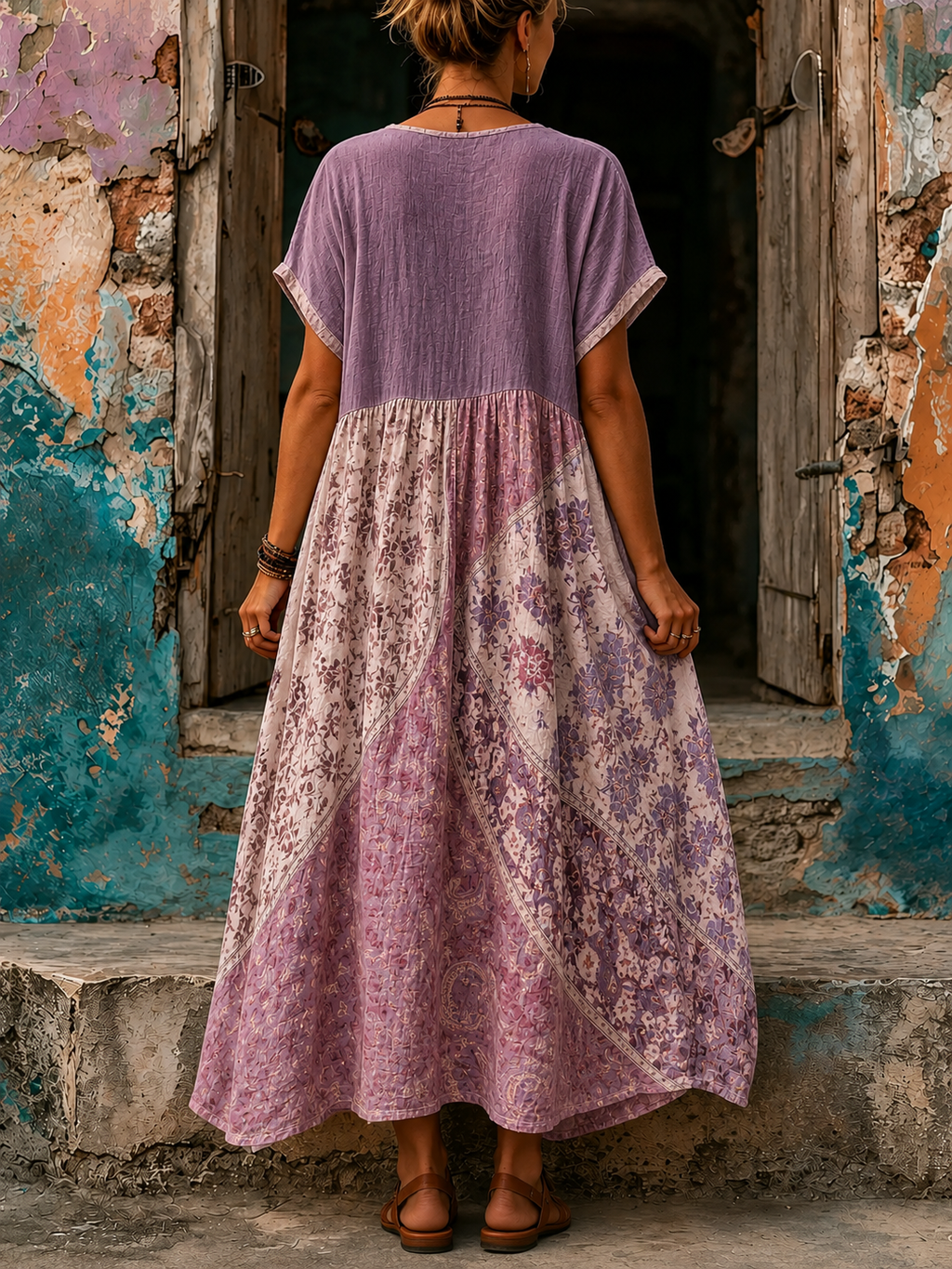 Women's Vacation Linen Floral Print V-Neck Short Sleeve Maxi Dress