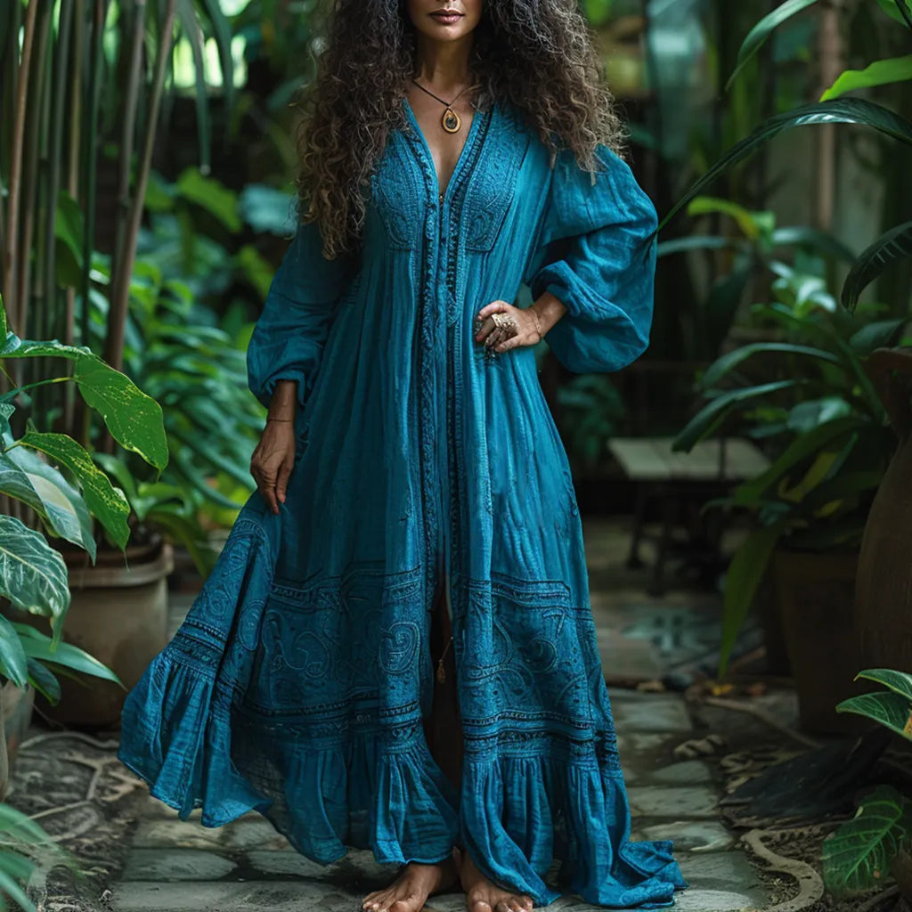Women's Linen Retro Ethnic Style Oversized Comfortable Breathable Dress Holiday Comfortable Casual Long Shirt Dress