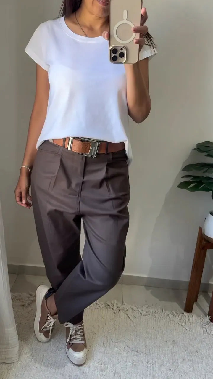 Dark Brown Pleated Tapered Trousers