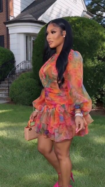 Round Neck Long Sleeve Ruffle Mesh Casual Mini Dresses-Multicolor