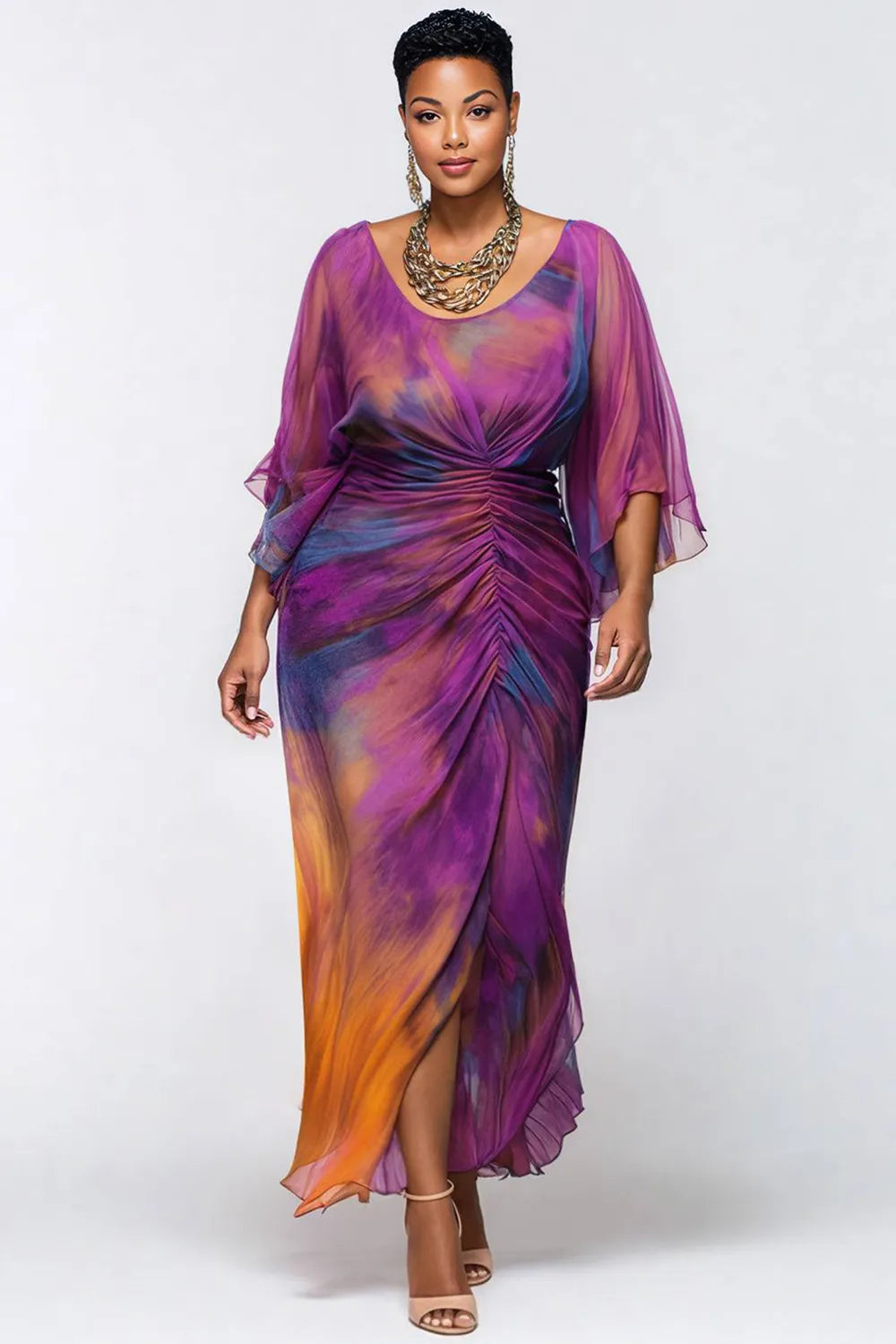 复制Xpluswear Design Plus Size Cocktail Party Purple Tie Dye Round Neck Flare 3/4 Sleeve Ruched Chiffon Maxi Dresses