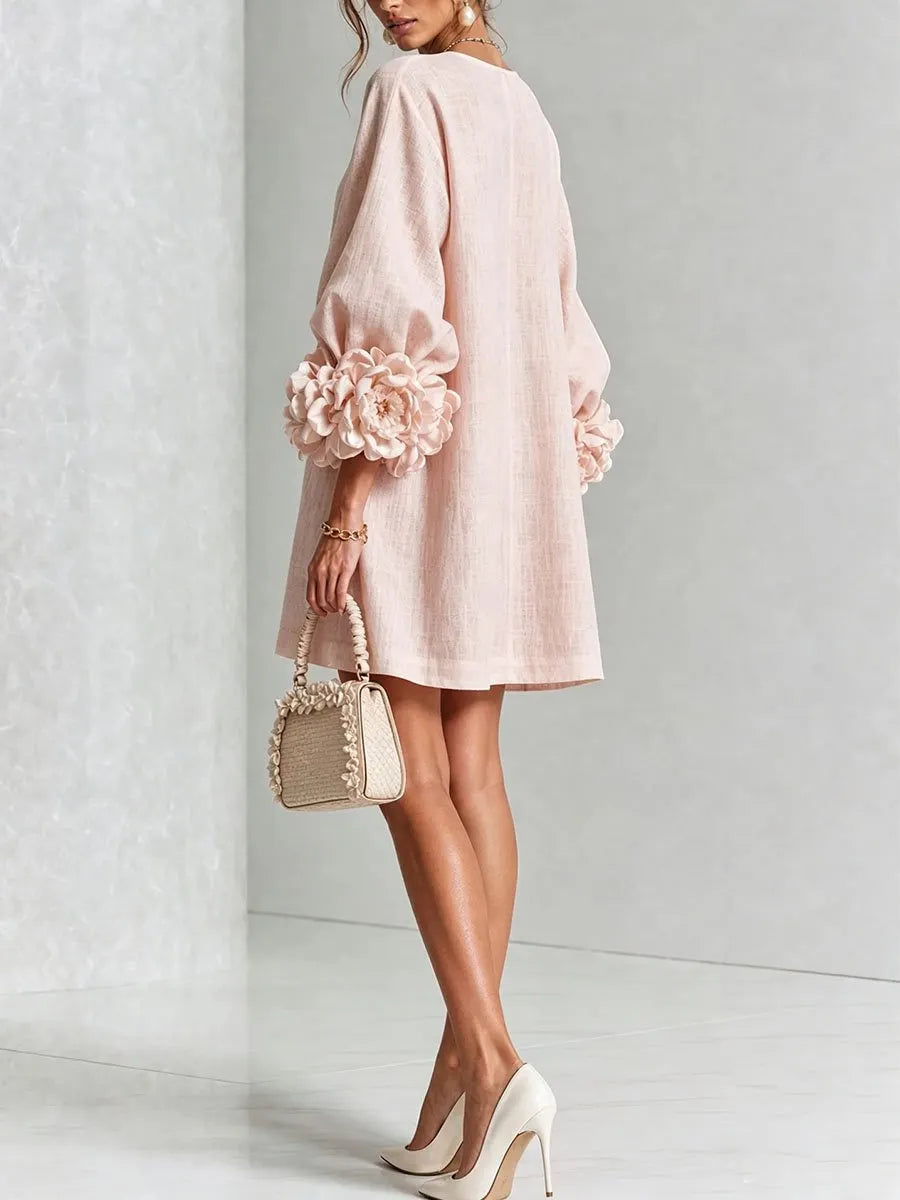 Women's 3D Floral Cuff Balloon Sleeve Mini Dress, Front Floral Button Cotton Linen Blend Shift Dress
