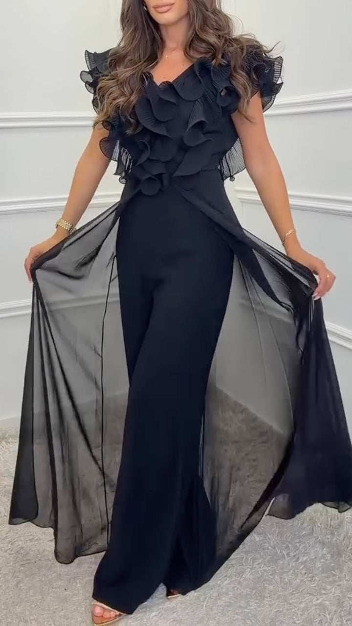 White Ruffle V Neck Jumpsuit With Overlay Skirt