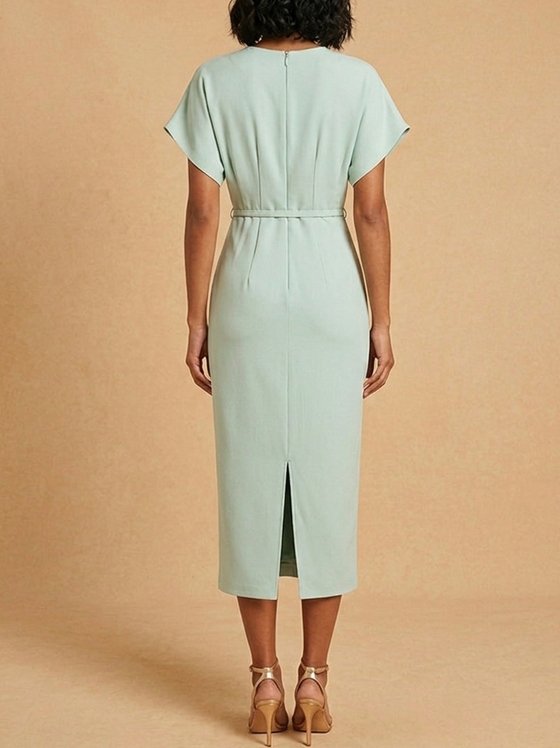 Light Green Slit Classic V Neck Cap Sleeve Dolman Sleeve Sheath Midi Dress