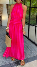 Striped Halter Pleated Maxi Dress