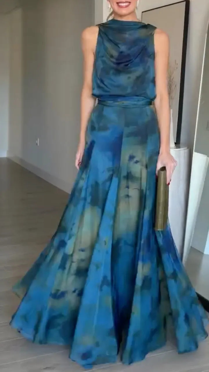 Teal Blue Watercolor Print Asymmetrical Maxi Dressxi DressMaxi Dress
