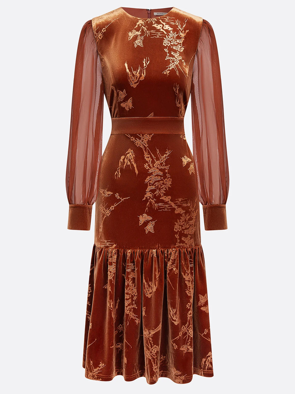 Caramel Brown Mesh Jacquard Velvet Crew Neck Long Sleeve Balloon Sleeve Mermaid Midi Dress